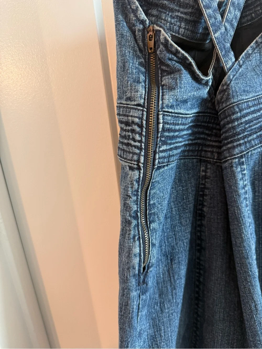 Women’s Denim Mini Dress Cross back and Black Buttons